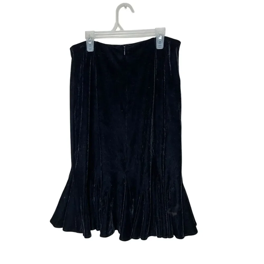 Vintage Black Velvet‎ Y2K Flared Hem Midi Skirt Size 10